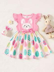 Conjunto de vestido de verano con estampado de conejo y huevo de Pascua para niña bebé - Multicolor - Ver 3