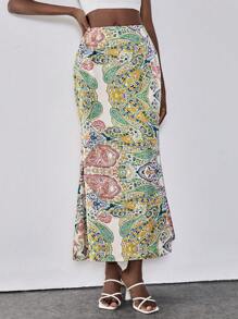 Chiquease 波西米亚风松紧腰带佩斯利印花时尚百搭美人鱼下摆裙子