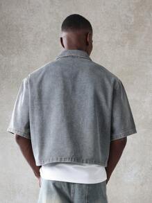 SUMWON 街头潮流宽松牛仔衬衫夹克赛车条纹设计纽扣休闲短袖夏季春季时尚外套