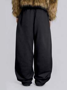 Manfinity Dauomo Men's Solid Color Elastic Waist Loose Wide Leg Sweatpants - Black - View 2