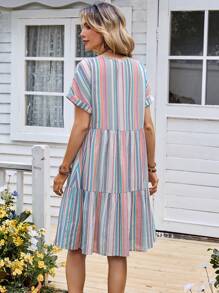 EMERY ROSE 女式条纹 V 领短袖纽扣休闲连衣裙 - 彩色 - 查看 2