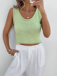 prairielle prairielle Solid Color Crew Neck Ribbed Detail Short Knit Top - Green - View 3