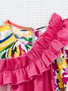 SHEIN Leap Crew Baby Girl Colorful Floral Print Ruffle Hem Sleeveless Casual Vacation Dress, Summer - Hot Pink - View 5