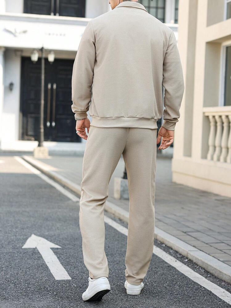 Manfinity Homme 宽松男士纯色休闲两件套秋季服装 - 杏色 - 查看 2