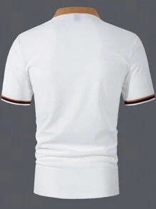 Manfinity Homme 男士纯色拼布前纽扣短袖休闲衬衫，日常穿着 - 白色 - 查看 2