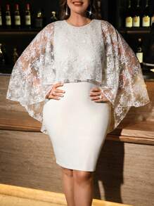 SHEIN Clasi Plus Size Women's Floral Print Off Shoulder Patchwork Waist Bodycon Elegant Wedding Guest Spring/Summer Dress - Apricot - View 3