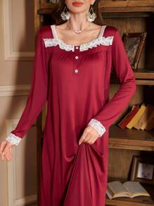 Elegant White Lace Patchwork Ladies Nightgown - Burgundy - View 5