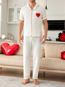 Plush Heart Patch Decorated Romantic Men's Sleepwear Set