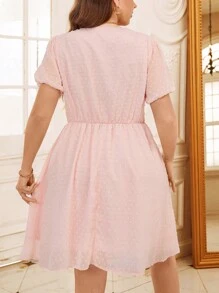 SHEIN Clasi Plus Size Women Solid Hollow-Out Draped Neck Chiffon Dress With Floral Decor, Spring/Summer Wedding Guest Dress