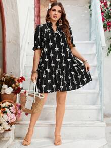 SHEIN LUNE Vestido de talla grande con escote en V, estampado floral y patchwork, casual y de moda para uso diario - Negro - Ver 3