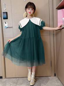 Toddler & Big Tween Girl Girls' Fashionable Puff Sleeve Collar Dress - Green - View 6