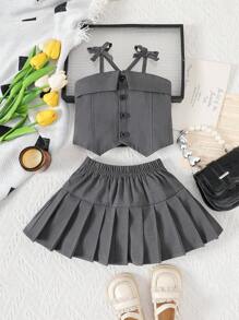 SHEIN 2pcs/Set Baby Girl Spring&Summer Elegant Style ,Open Collar Slip Top&Short Pleated Skirt - Dark Grey - View 1