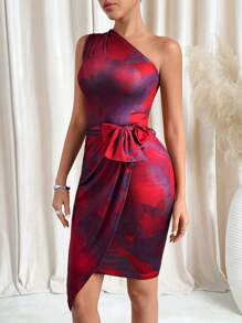 SHEIN Clasi Red Abstract Print Asymmetrical Shoulder Tie Waist Asymmetrical Hem Fitted Short Dress For Women Summer Outfits For Women Spring Outfits For Women Valentine's Day Dress Summer Outfits For Women Summer Dresses For Women Red Dresses For Women