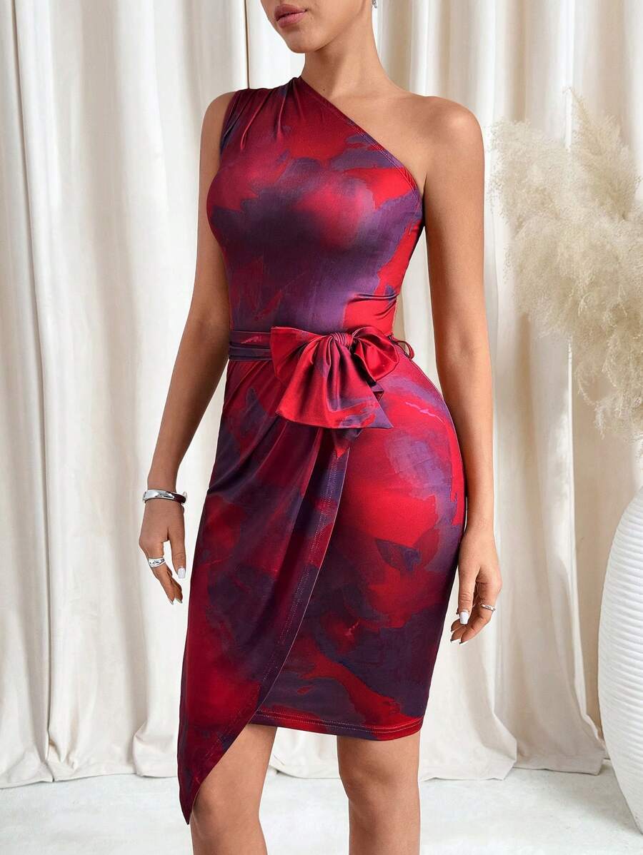 SHEIN Clasi Red Abstract Print Asymmetrical Shoulder Tie Waist Asymmetrical Hem Fitted Short Dress For Women Summer Outfits For Women Spring Outfits For Women Valentine's Day Dress Summer Outfits For Women Summer Dresses For Women Red Dresses For Women