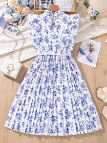 SHEIN Tween Girls' Elegant Floral Print Frill Trim Dress - Baby Blue - View 2