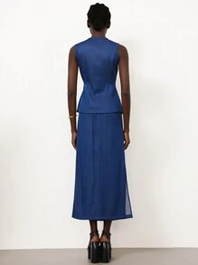 Femmeiva Elegant Retro Blue Denim Effect Waist Cinched Asymmetric Collar Bodycon Maxi Dress 2 Pieces Set For Women - Dark Wash - View 2