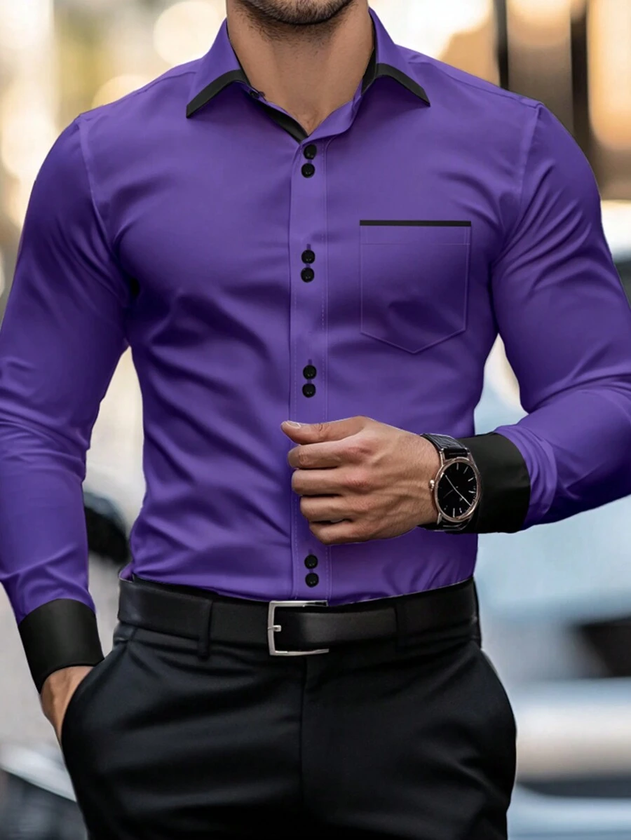 Manfinity Mode Men's Autumn Single-Breasted Casual Business Shirt, Long Sleeve, For Fall - Purple - View 1