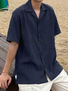 DAZY 男士纯色短袖休闲衬衫，夏季度假 - 藏蓝色 - 查看 7