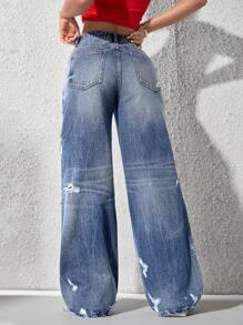 SHEIN EZwear Women's Front Button Pocket Distressed Casual Jeans - Blue - View 3