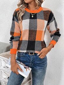SHEIN LUNE 女士格子圆领长袖毛衣上衣，秋冬 - 亮橙色 - 查看 5