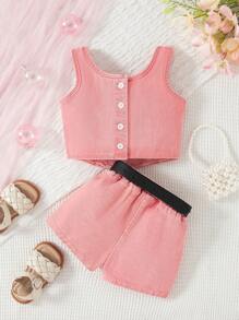 SHEIN Infant/Baby Girls' Fashion Sweet Streetwear Pink Washed Denim Top With Star Print, Matching Printed Shorts Set, Summer - Pink - View 2