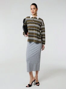 SHEIN Unity 撞色POLO领针织条纹落肩宽松T恤 - 綠色 - 查看 3