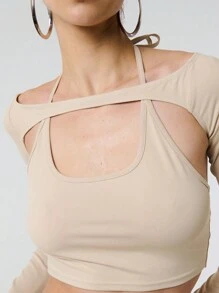 SHEIN Unity 2 In 1 Solid Hollow Out Tie Neck Long Sleeve Top Fall Cloth For Women - Khaki - View 6