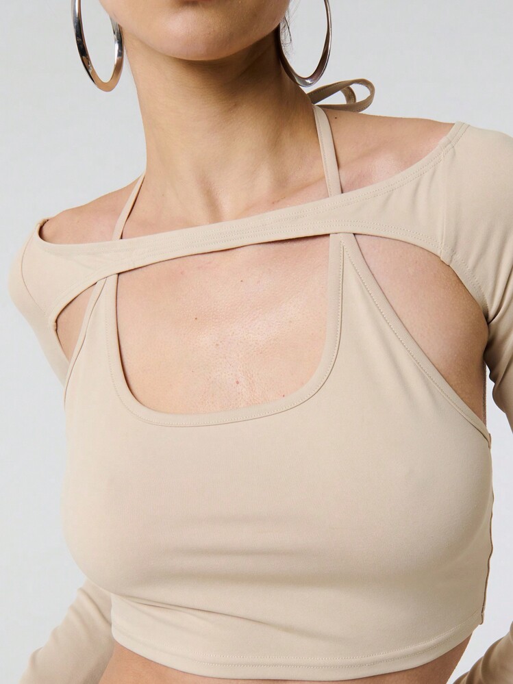 SHEIN Unity 2 In 1 Solid Hollow Out Tie Neck Long Sleeve Top Fall Cloth For Women - Khaki - View 6