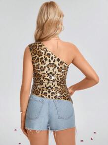SHEIN LUNE Valentine's Day Leopard Print Sequin Embellished Glamorous Party Shoulder Blouse For Women