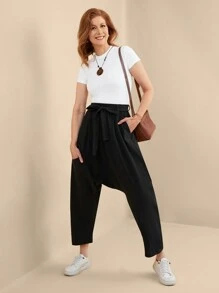 EMERY ROSE Women's Solid Color Casual Loose Knotted Waist Harem Pants Fall Cloth For Women - Black - View 4