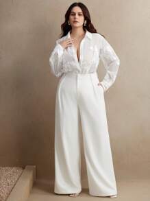 Anewsta قميص فرنسي كلاسيكي للنساء مطرز بالأزهار الشفاف بأحجام كبيرة أبيض بأكمام طويلة لإطلالات الربيع للنساء - أبيض - مشاهدة 3