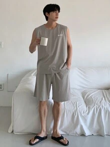 DAZY Men's Summer Letter Print Gray Vest & Shorts Lounge Wear Set Pajama - Grey - View 5