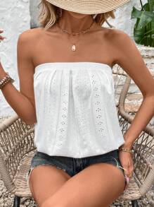 SHEIN LUNE 女士镂空提花纹理抹胸褶皱衬衫，休闲优雅街头服饰 - 白色 - 查看 7