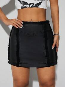 SHEIN ChicEase Váy Mini Cạp Thấp Lông Giả Phong Cách Đường Phố - màu đen - Xem 1