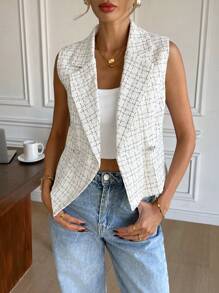 Serisse Women Elegant Commute Little Fragrant Wind Plaid Notched Collar Sleeveless Button-Up Blazer,Office Elegant Commuter Outfits,For Daily Wear,Suitable For Spring, Summer And Autumn,Elegant Blazer,Sleeveless Blazer,Slim Fit Blazer