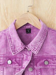 SHEIN Tween Girls' Single Button Pocket Casual Denim Vest Jacket - Purple - View 4