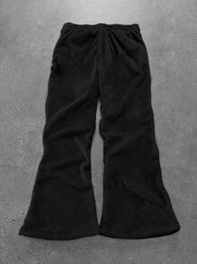Manfinity Roghcode Manfinity Streetrush Men's Letter Embroidered Drawstring Waist Fluffy Sweatpants, Plush Fleece For Warmth, Coral Fleece, For Rave, Fall/Winter - Black - View 2