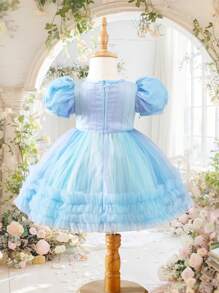 Vestido de niña con mangas abullonadas, estampado de burbujas de malla lujosa, perfecto para ocasiones formales, fiestas de cumpleaños, primavera/verano - Azul - Ver 2