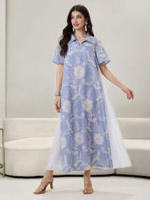 Yasmyna 撞色花卉印花短袖连衣裙