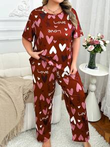 大码女士心形和字母印花短袖上衣和裤子睡衣套装，适合情人节 - 紅色 - 查看 3