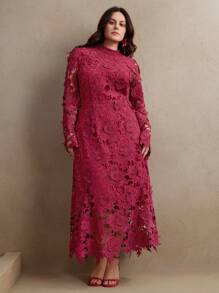 Anewsta 大码女式蕾丝安哥拉酒红色长袖优雅美人鱼连衣裙，适合外出、节日、春季、度假 - 酒紅色 - 查看 6