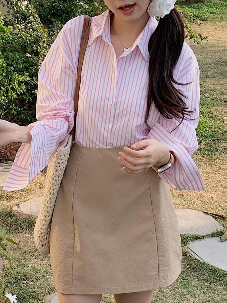 2pcs Women Striped Blouse And Solid Color Skirt Set