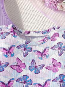 Sparklyn 2pcs Tween Girl' Butterfly Pattern Contrasting Ribbed Bodycon Sleeveless Casual Street Chic Dress, Summer Summer Holiday - Multicolor - View 4