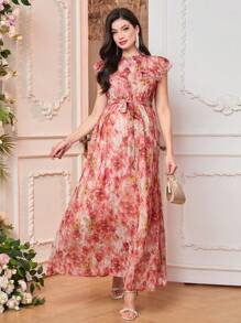 SHEIN Maternity Tie Dye Ruffle Edge Cap Sleeve Elegant Dress - Multicolor - View 5