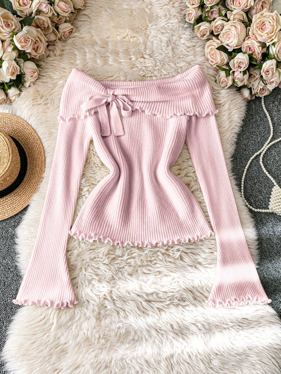 Chiquease Áo len dệt kim hở vai họa tiết hoa 3D cho nữ, tay áo bất đối xứng, dáng ôm, áo lót đa năng, mùa thu/đông - Hồng - Xem 1