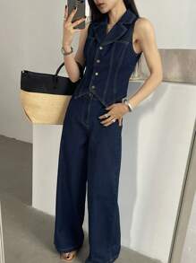 DAZY 女式两件套牛仔套装（含前开背心和阔腿裤）