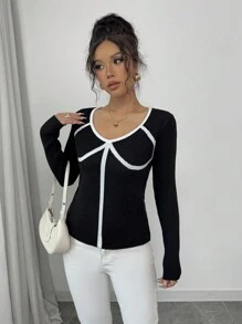 Chiquease Suéter de mujer de cuello en V de color contrastante de manga larga, suéter de punto de otoño/invierno