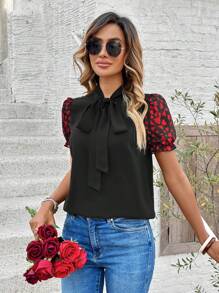 EMERY ROSE Women's Solid Color Patchwork Front Tie Short Sleeve Casual Shirt - Black - View 2