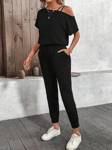 SHEIN LUNE 1 pieza Mono casual de mujer con hombros descubiertos, moda minimalista para uso diario