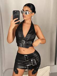 SHEIN ICON Váy bó sát mini cạp thấp thiết kế khóa thắt lưng bằng da PU - màu đen - Xem 5